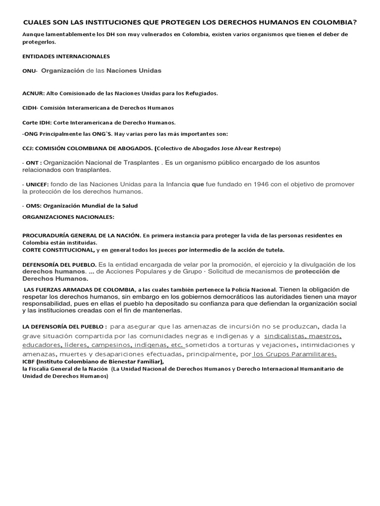Instituciones que protegen derechos humanos en Colombia | PDF ...