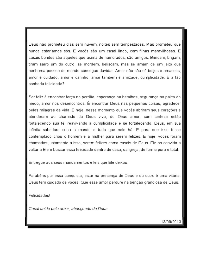 Carta para encontro de casais católico