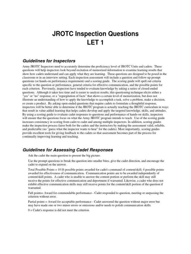 JROTC LET 1 Inspection Questions Guide | PDF | Learning Styles | Leadership