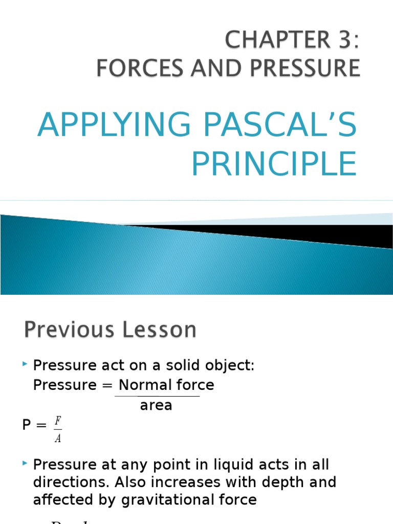 Applying Pascal's Principle Hydraulics Pressure