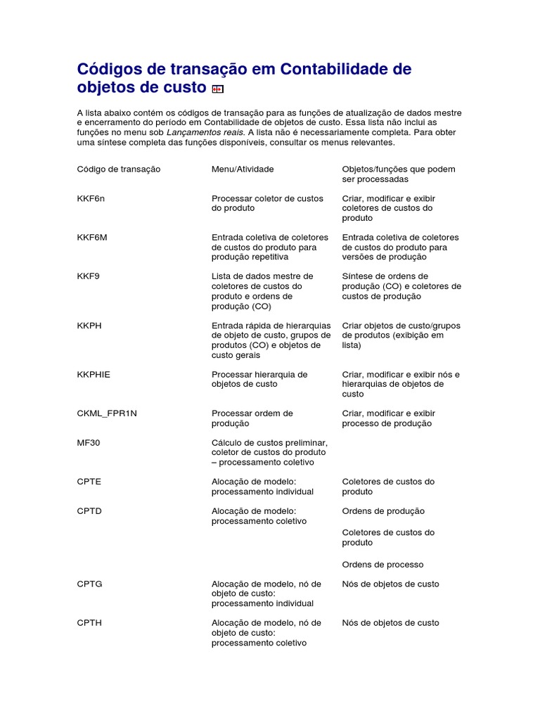 Códigos de Transação em Custos SAP | PDF | Despesa | Informática