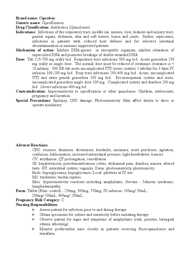 Generic brand for ciprofloxacin