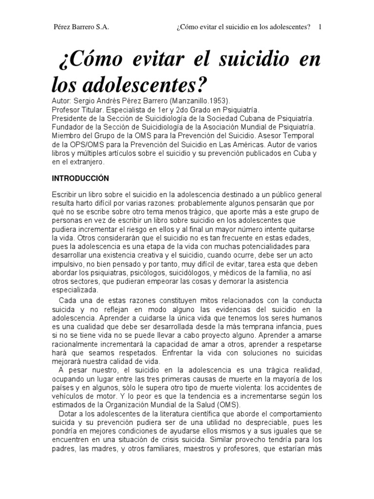 Como Evitar El Suicidio en ADOLESCENTES | PDF | Suicidio | Trastorno ...