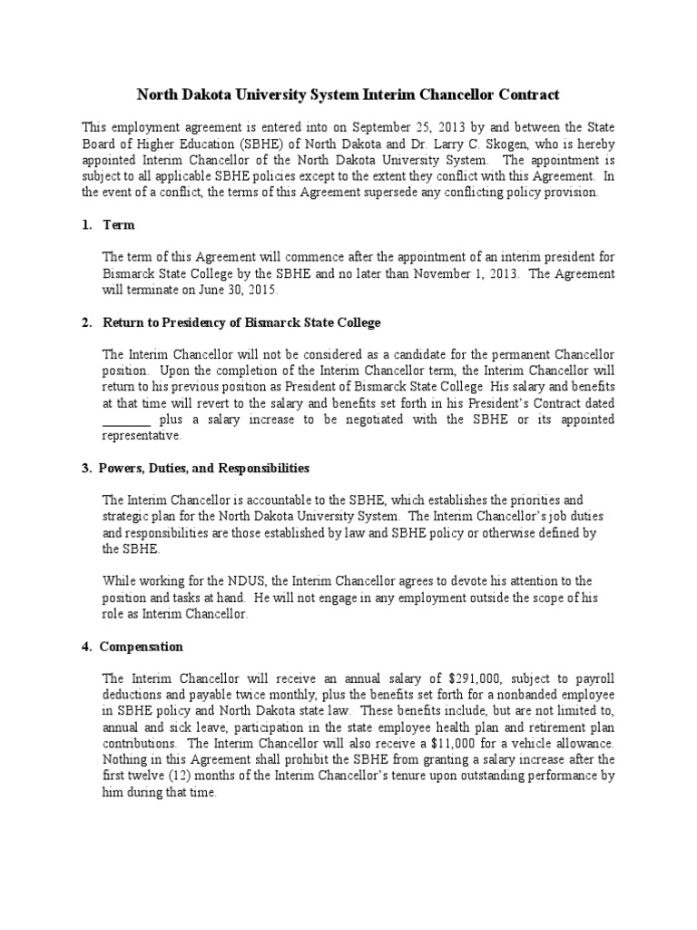 North Dakota University System Interim Chancellor Contract 1. Term
