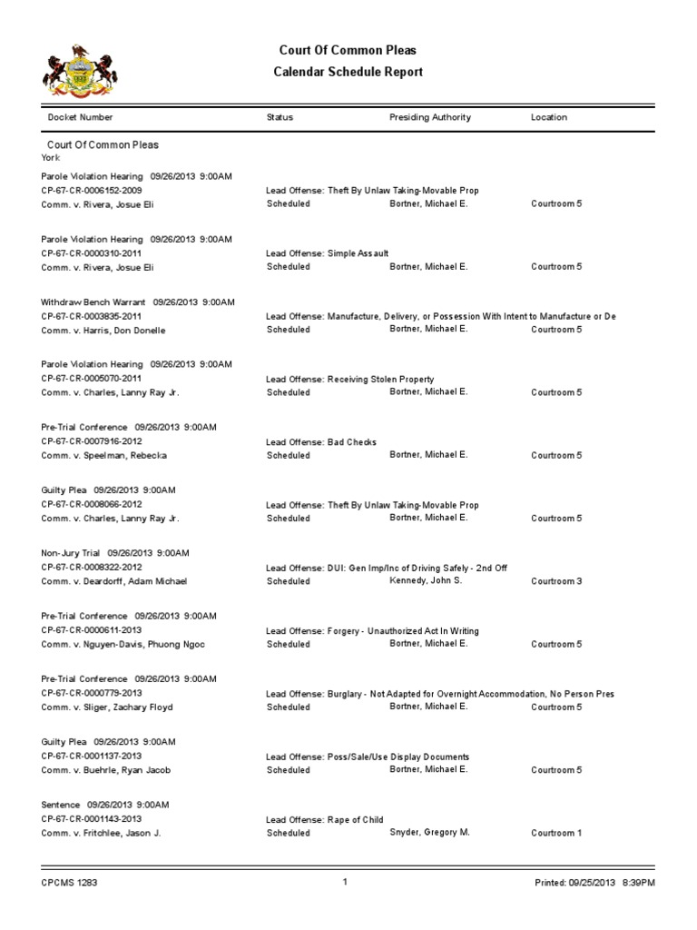 York County court schedule for Sept. 26 Probation Deviance (Sociology)