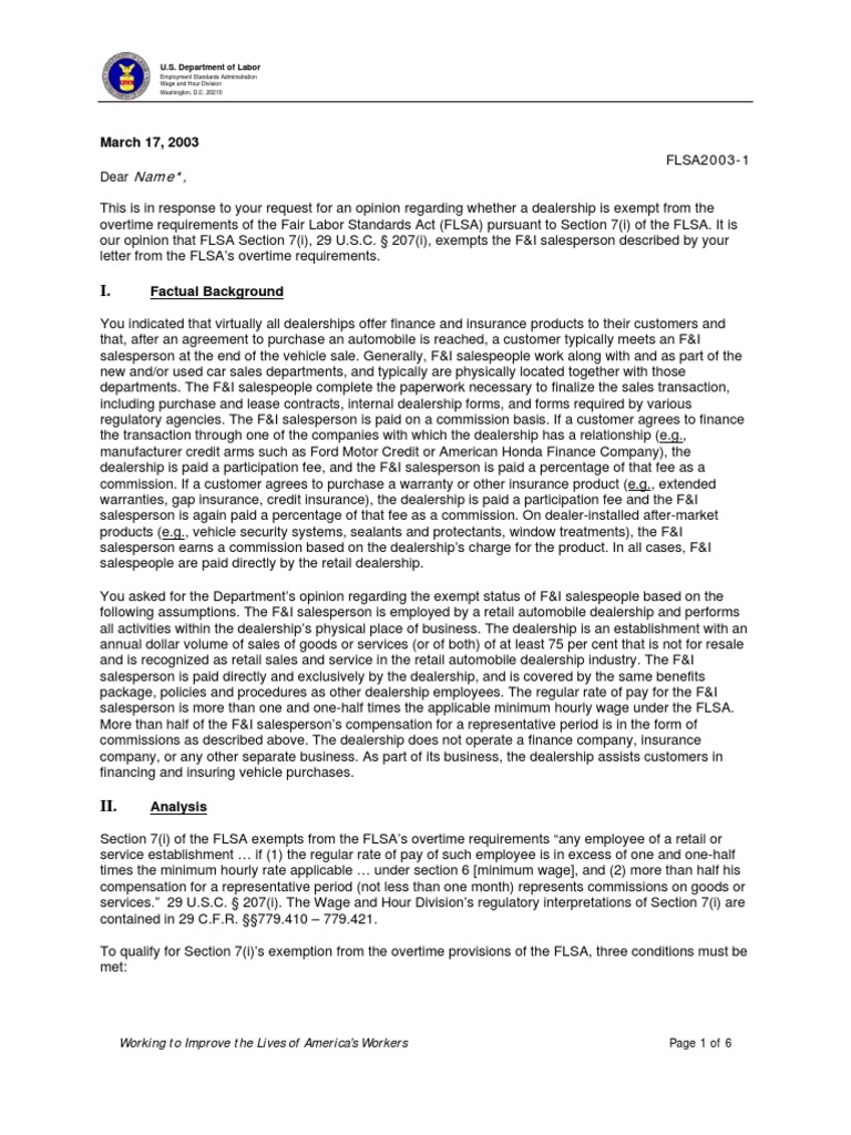 FLSA Overtime Exemption for F&I Salespeople | PDF