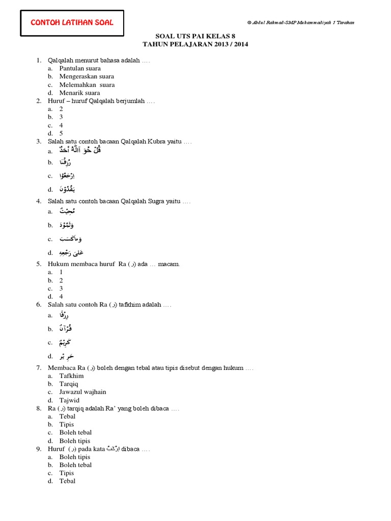 Soal Uts Pai Kelas 8