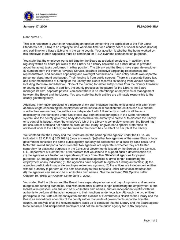Department of Labor: 2006 01 17 3NA FLSA | PDF | Employment | Overtime