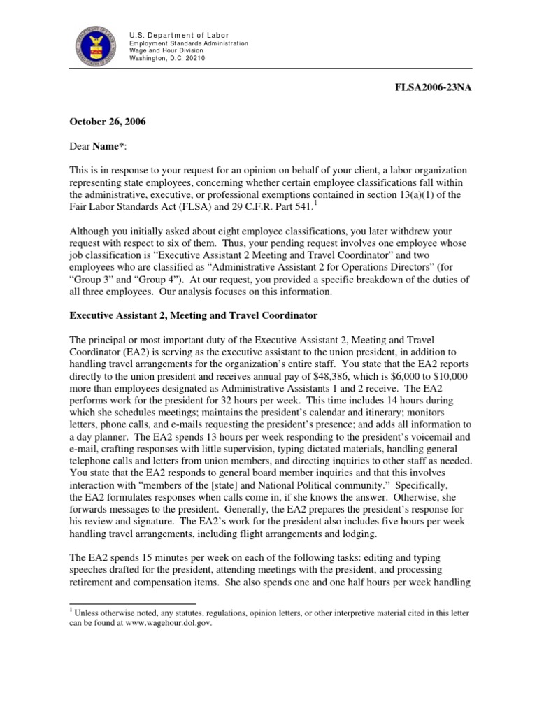 FLSA Opinion on Employee Classifications | PDF | Overtime | Employment