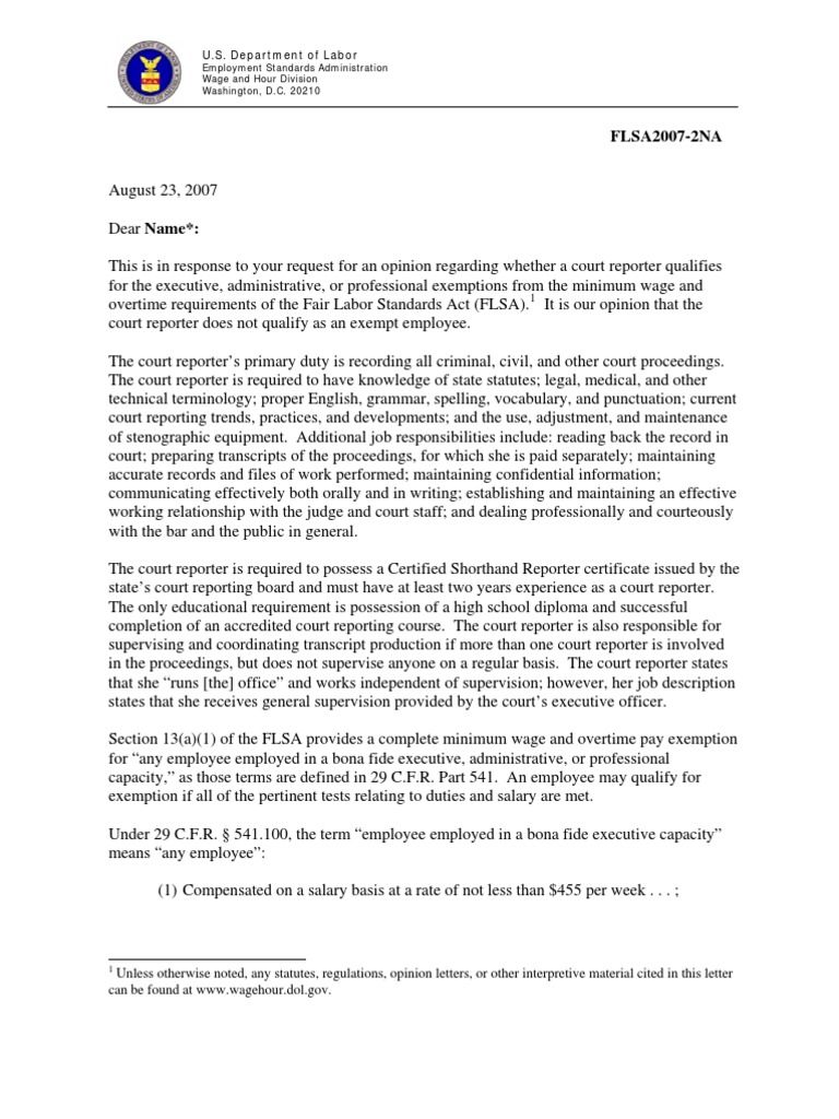 Court Reporter FLSA Exemption Analysis | PDF | Overtime | Employment