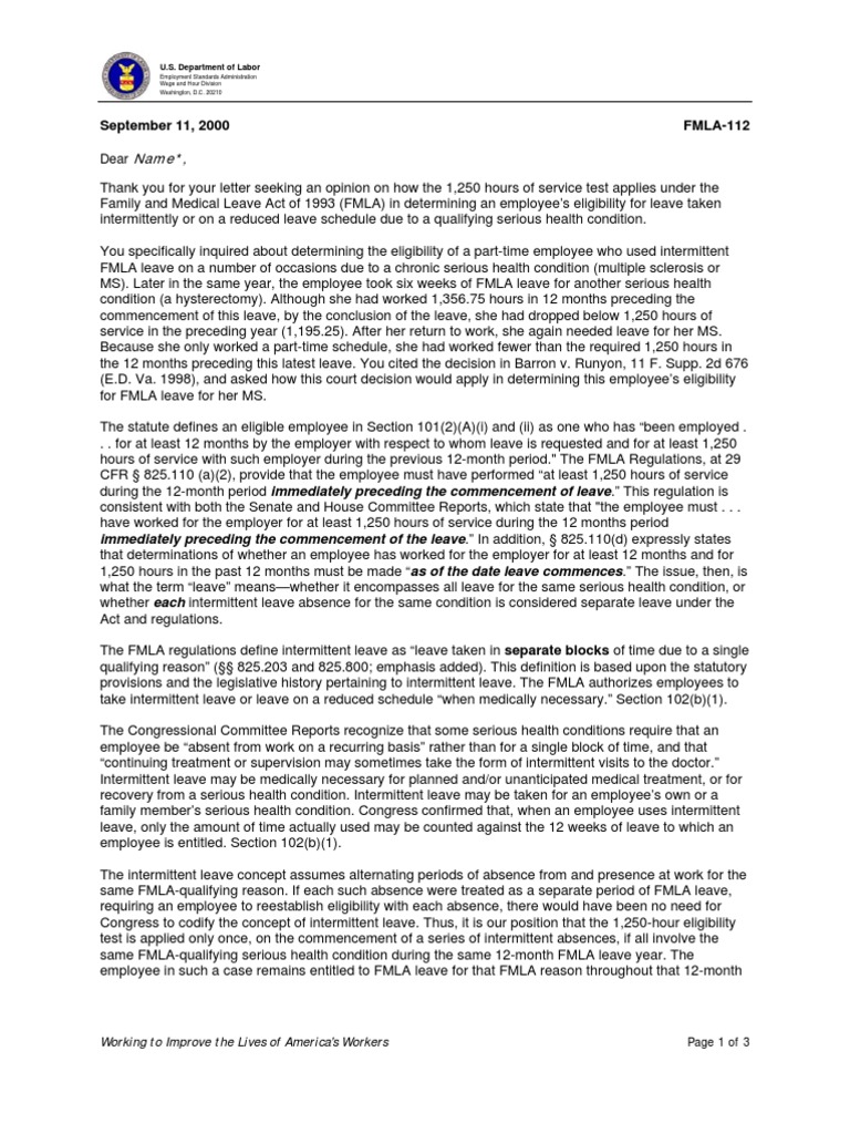 Department of Labor FMLA112 Family And Medical Leave Act Of 1993