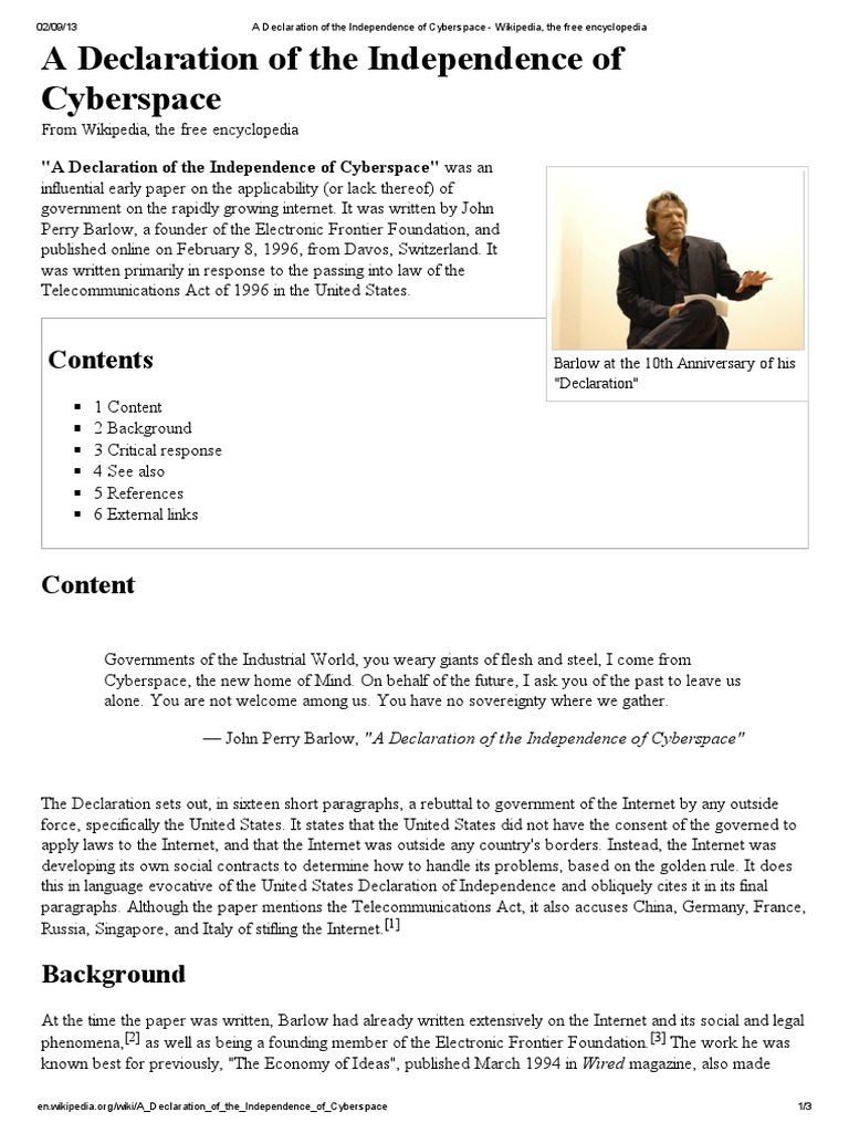 A Declaration of the Independence of Cyberspace Wikipedia, The Free