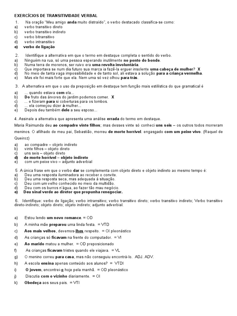 EXERCÍCIOS DE TRANSITIVIDADE VERBAL - gabarito