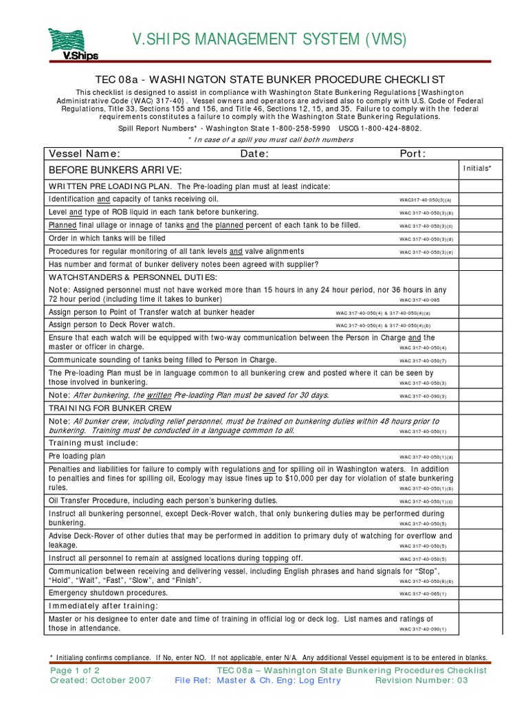 Washington State Bunkering Checklist | PDF | Fuel Oil | Industries