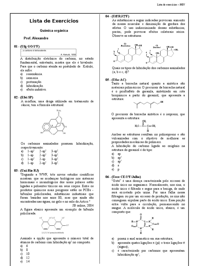Lista Exercícios - Química Orgânica | PDF