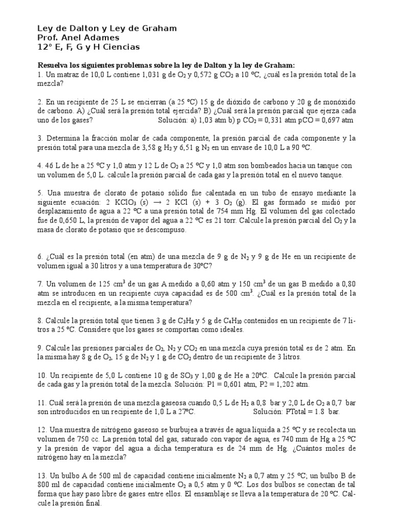 Ejercicios sobre la Ley de Dalton | PDF | Gases | Oxígeno