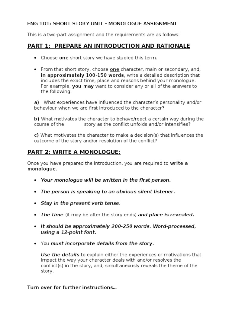 Eng1dshortstorydramaticmonologueassignment Monologue Recall Memory