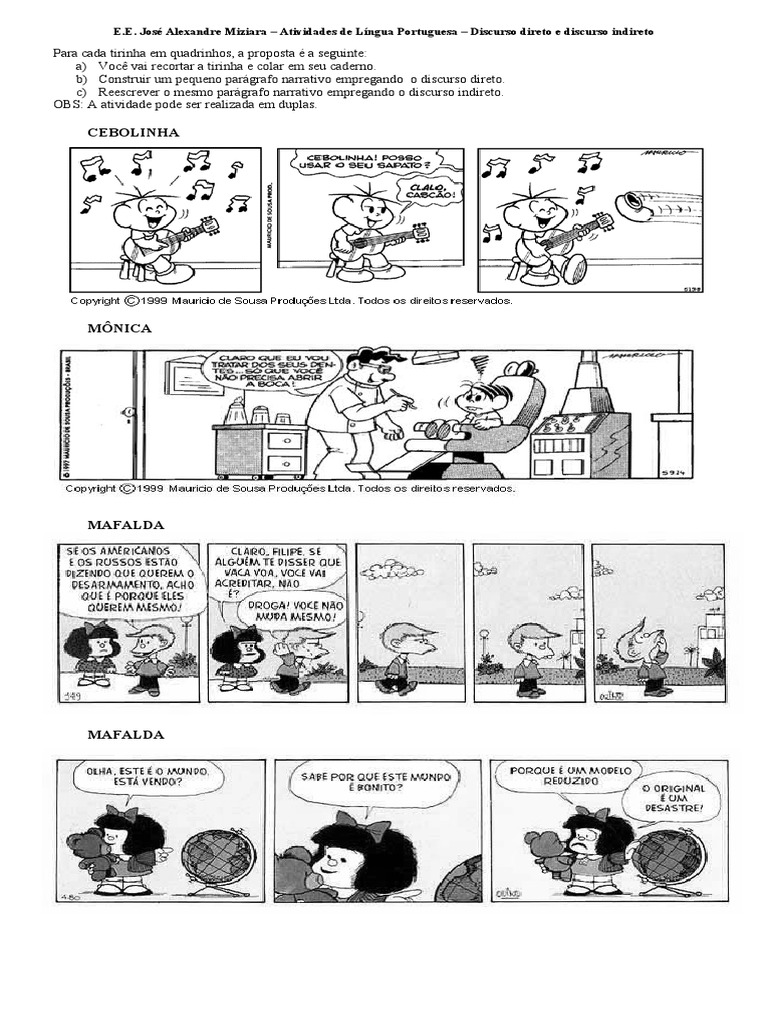 Discurso Direto E Indireto Exercicios Com Tirinhas