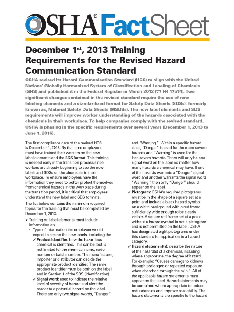 OSHA SDS Training Facts Occupational Safety And Health Administration