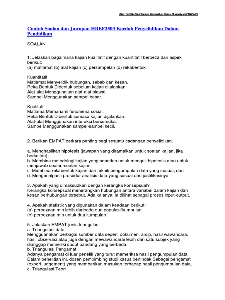 Contoh Soalan Dan Jawapan HBEF2503 Kaedah Penyelidikan Dalam 
