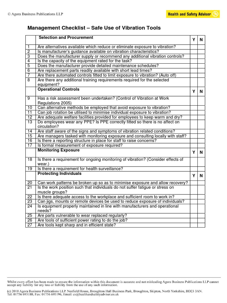 Management Checklist Safe Use of Vibration Tools PDF