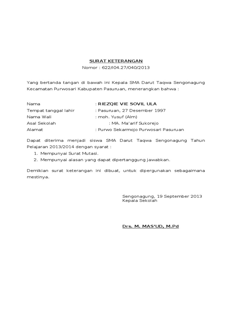 Surat Penerimaan Siswa Pindahan