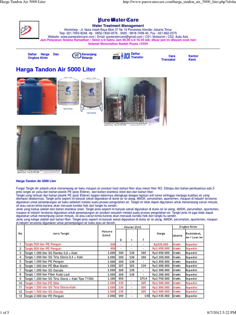  Harga  Tandon Air  5000 Liter  P P P P W W W W C C C C