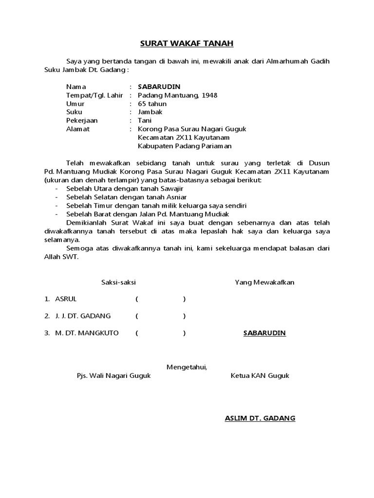 Contoh Surat Wakaf