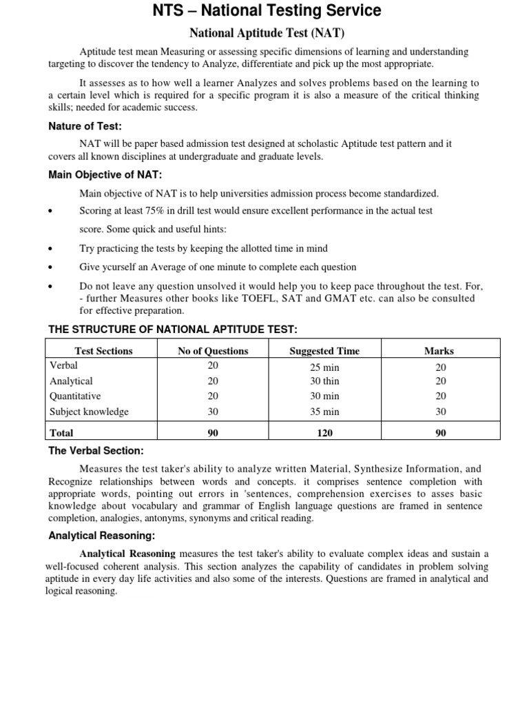 National Aptitude Test (NAT) | PDF | Sat | Test (Assessment)