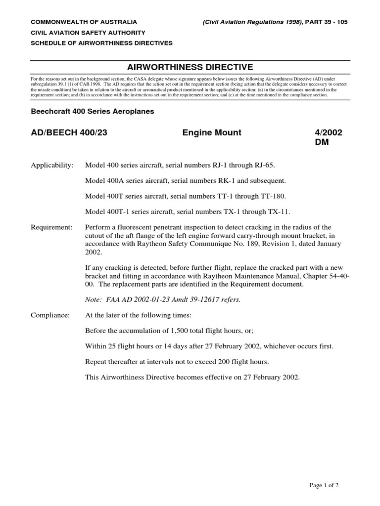 Airworthiness Directive Beech 400A PDF Aircraft Aviation Safety