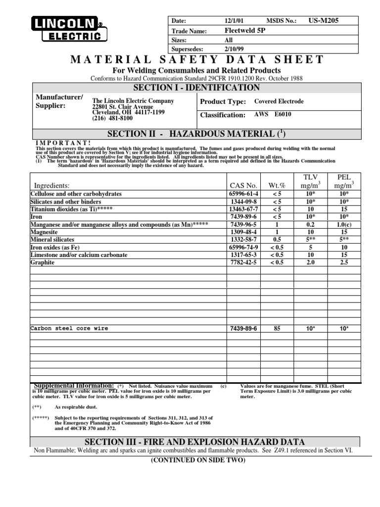 Lincoln 5p Msds Welding Manganese