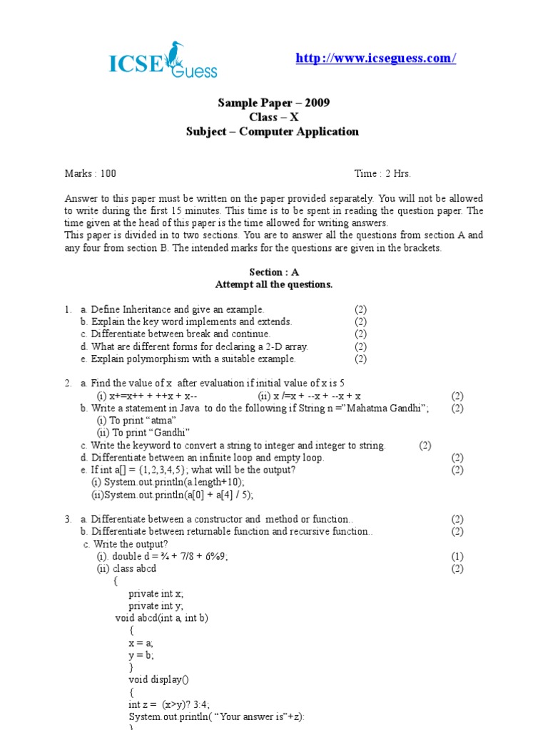 Sample Paper - 2009 Class - X Subject - Computer Application | PDF ...