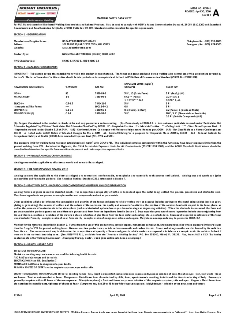 Mild Steel Solid Mig Wire MSDS Download Free PDF Welding Construction