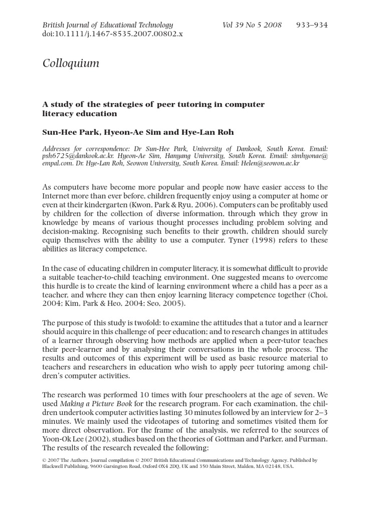 A Study of The Strategies of Peer Tutoring in Computer Literacy ...
