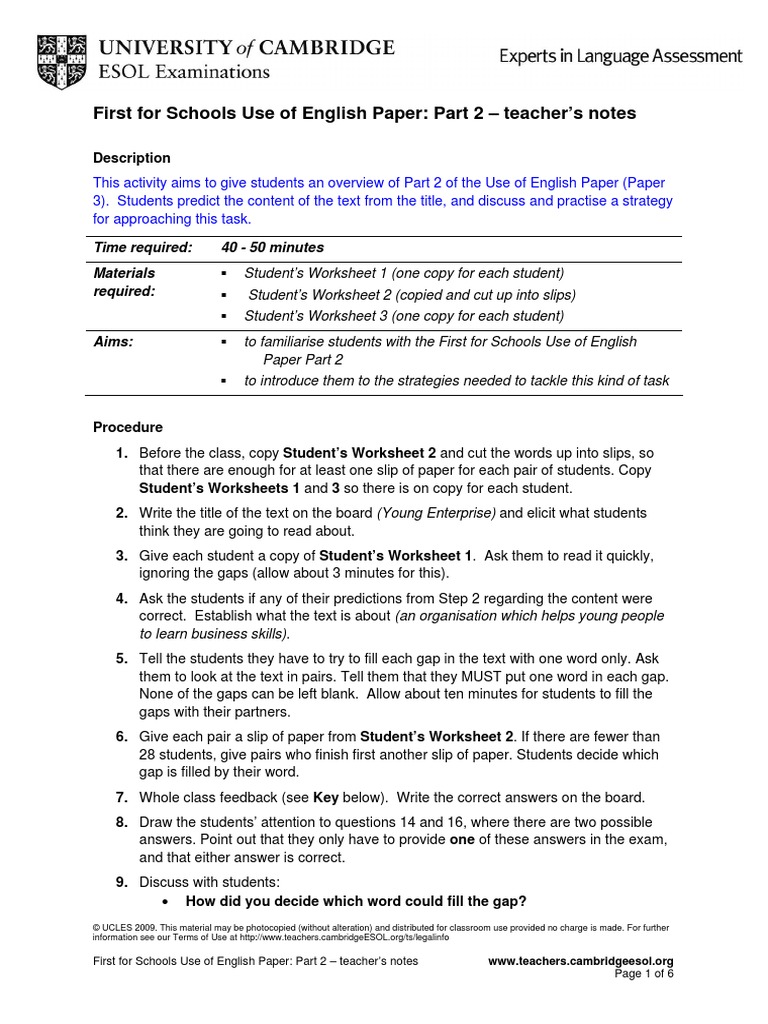 Fce For Schools Use of English Part 2 | PDF | Phrase | Verb