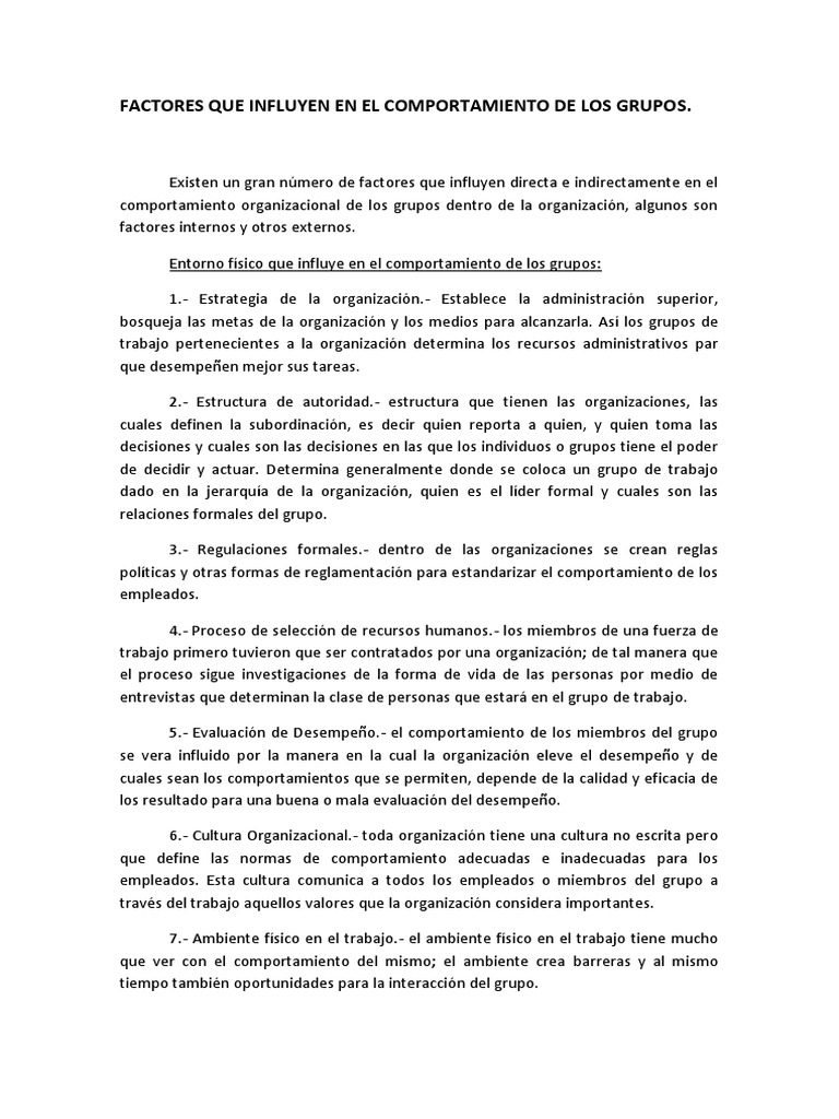 Factores del Comportamiento Grupal | PDF | Grupo de trabajo ...