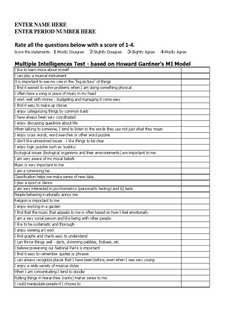 Free Multiple Intelligence Test Printable