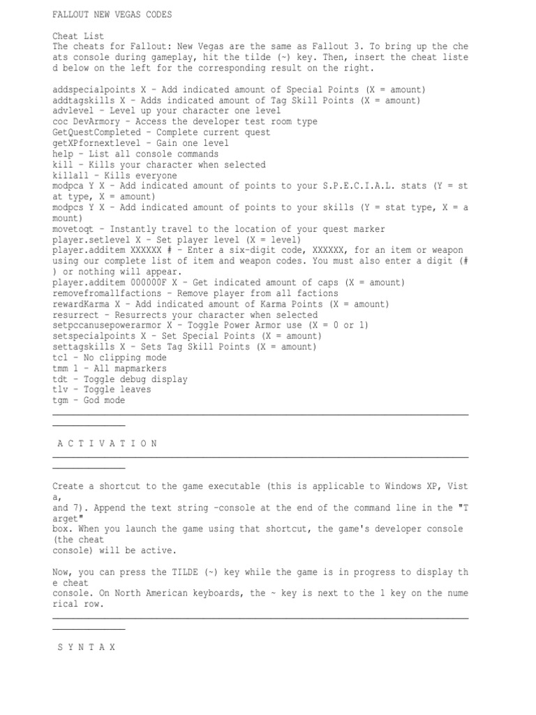 Fallout New Vegas Codes Armour Command Line Interface