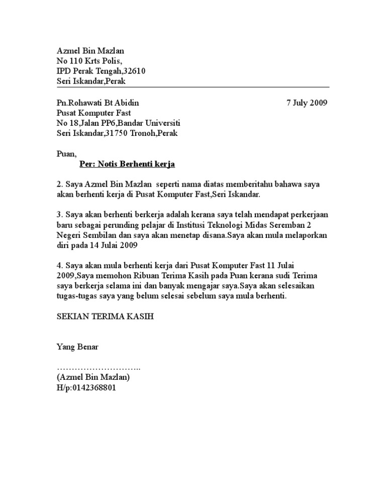 Contoh Surat Resign Kerja Scribd Detil Gambar Online