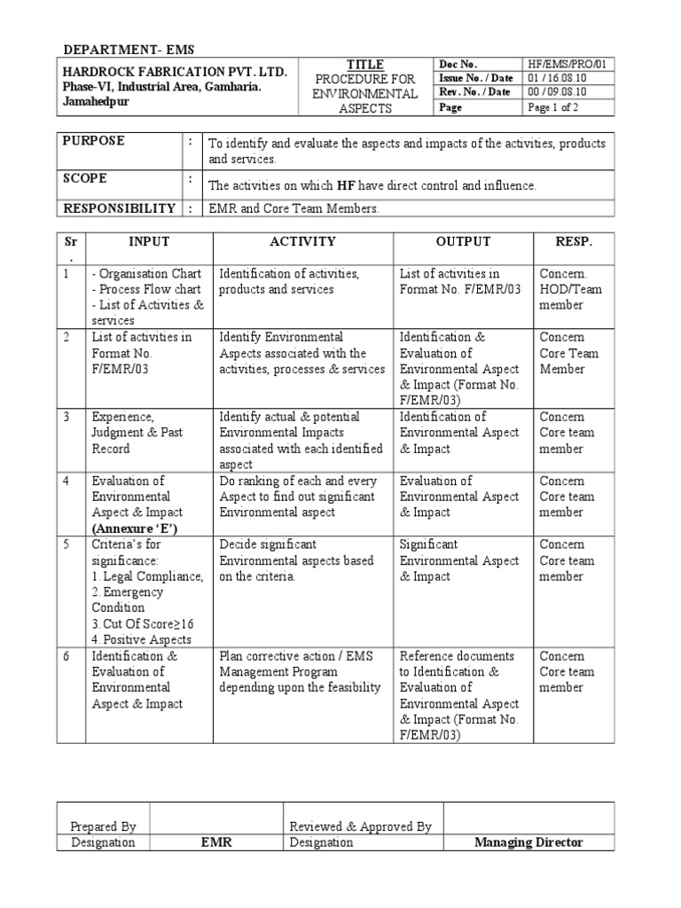 Environmental Aspects Procedure Guide | PDF | Evaluation | Business