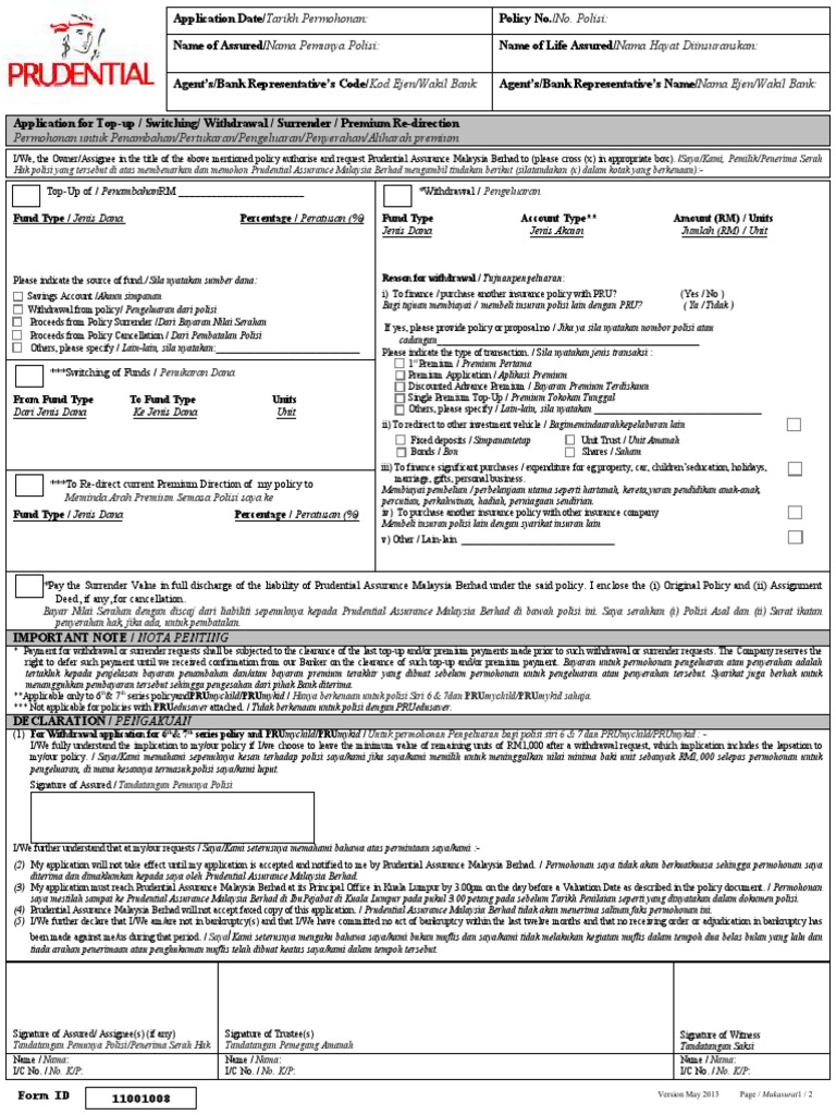 Prudential Policy Surrender Application | PDF | Insurance | Corporate Law