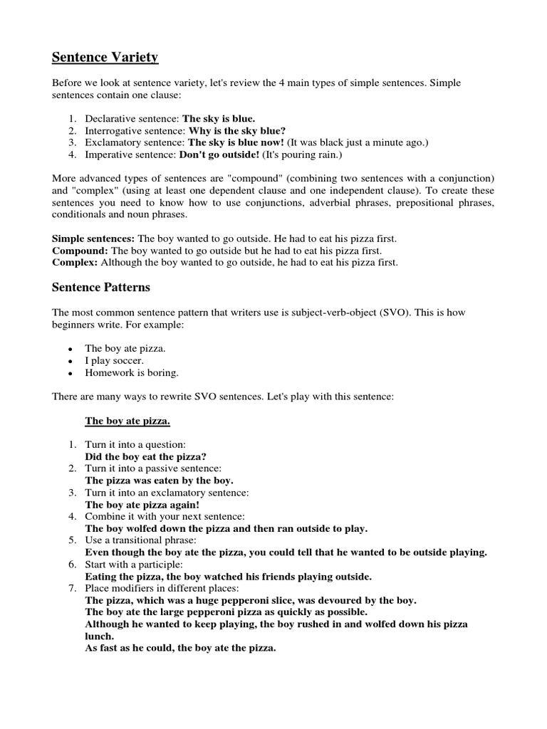 Sentence Variety PDF Sentence (Linguistics) Grammar