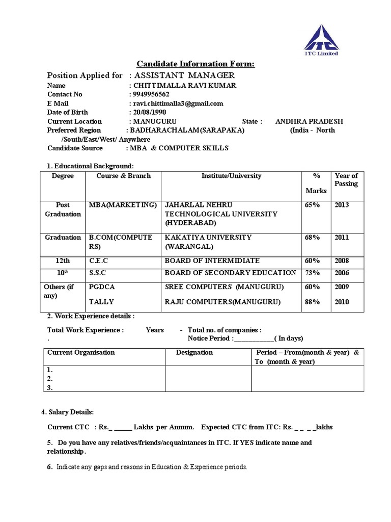Position Applied For: ASSISTANT MANAGER: Candidate Information Form ...