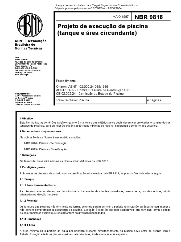 NBR 9818 NB 1070 - Projeto de Execucao de Piscina (Tanque e Area ...
