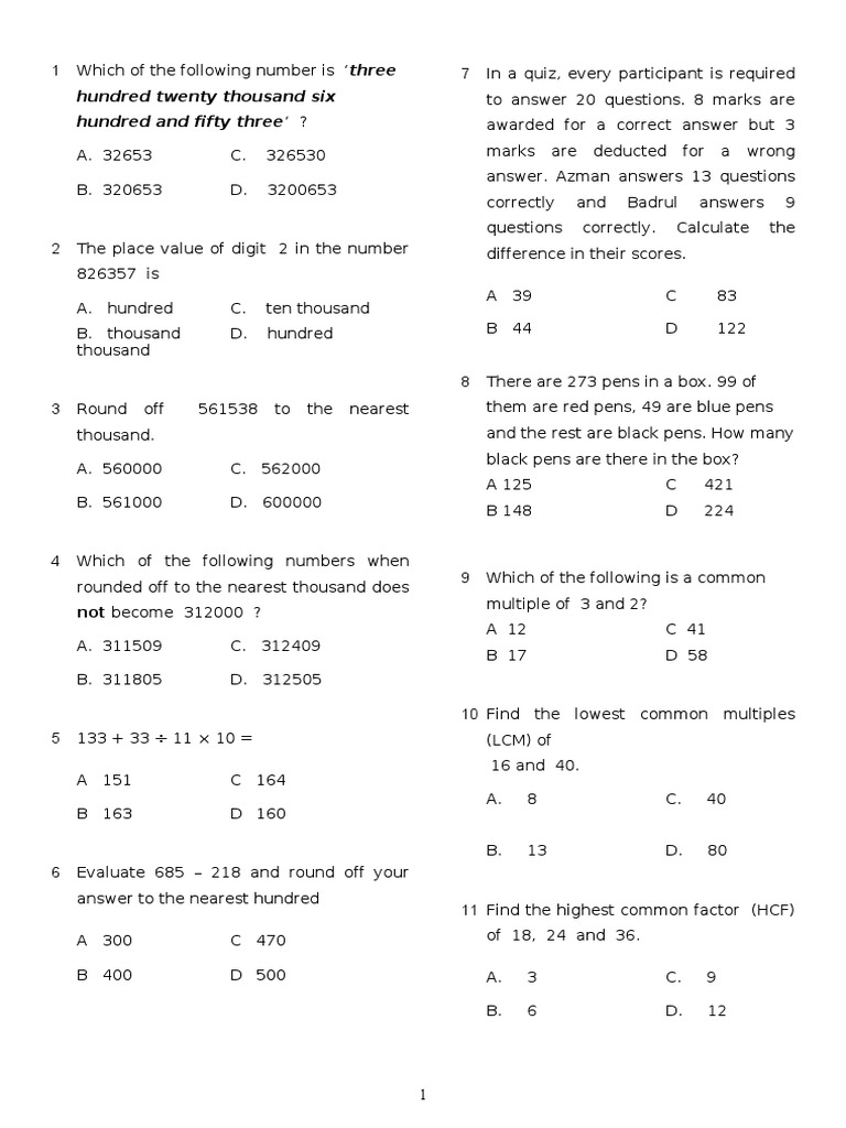 Math Quiz Questions and Answers | PDF | Percentage | Interest