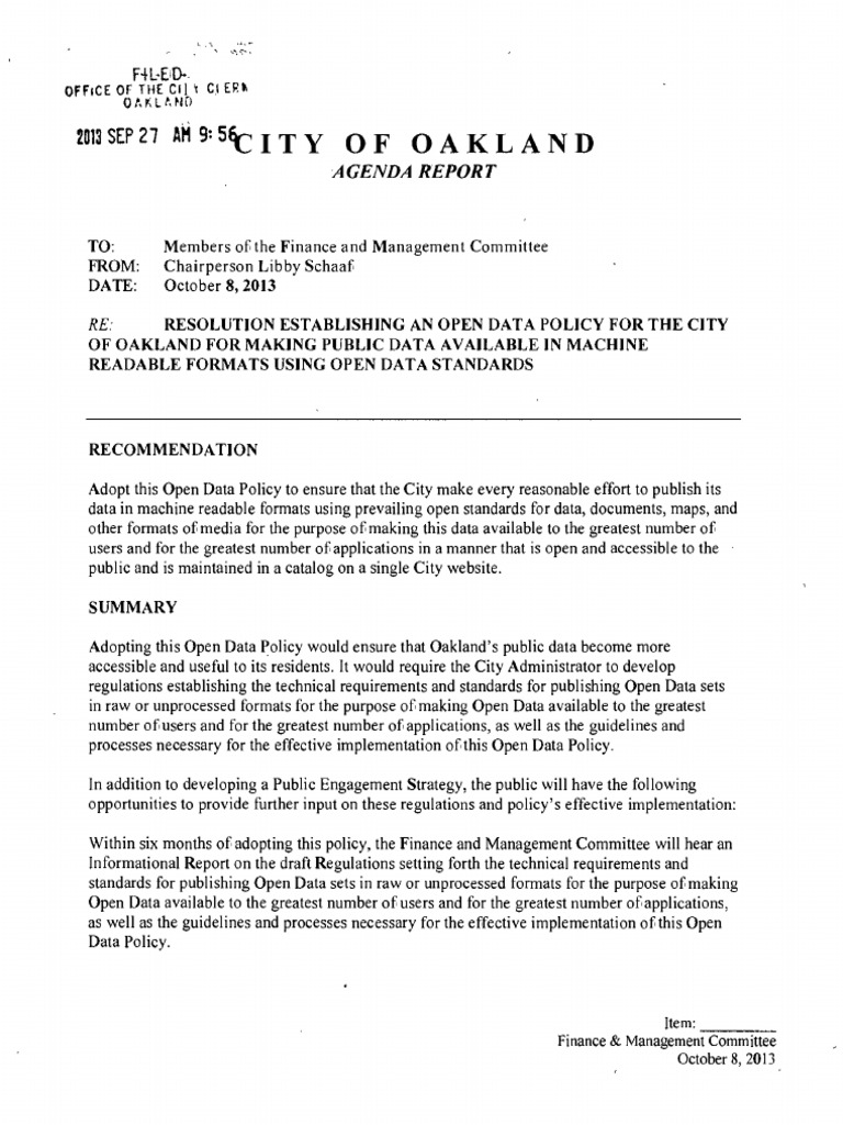 Resolution Establishing An Open Data Policy For The City of Oakland For ...