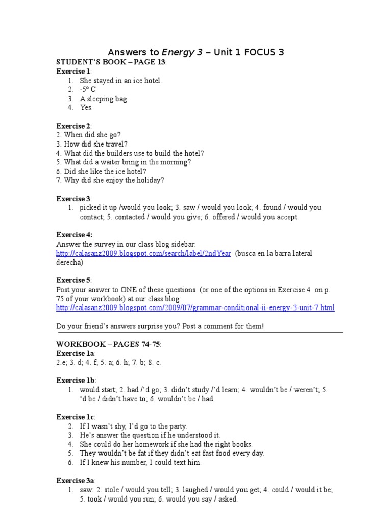 Energy 3 Unit 1 Answers and Exercises | PDF | Language Arts ...