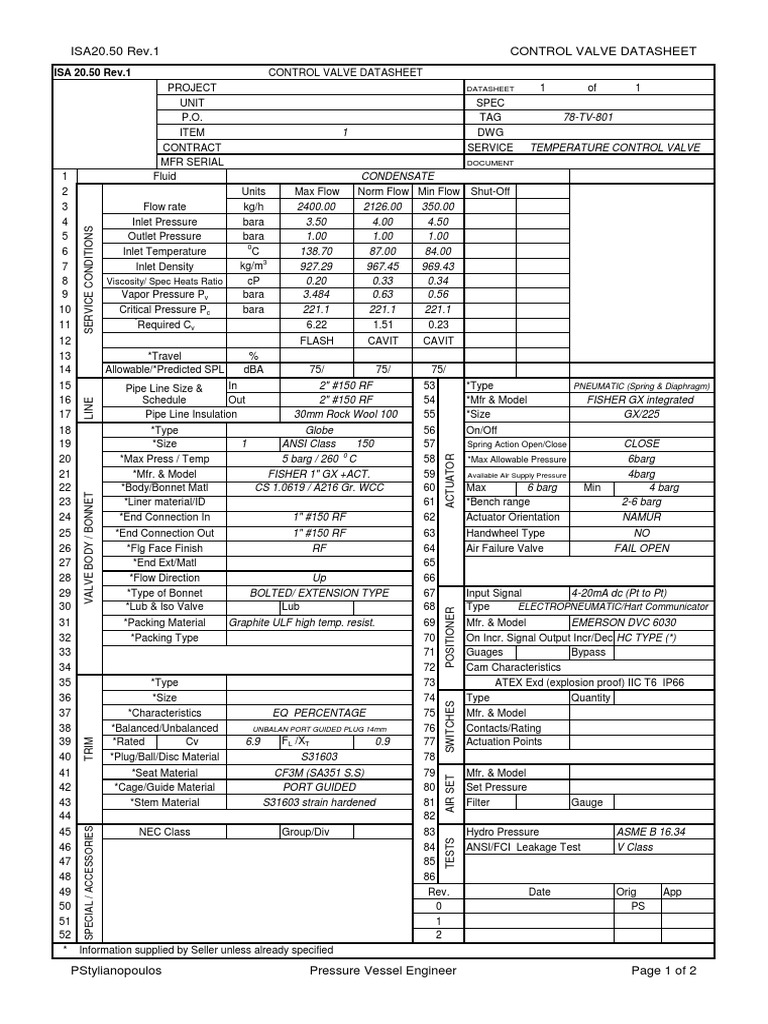 control valve specification sheet Sheet valve safety check selection