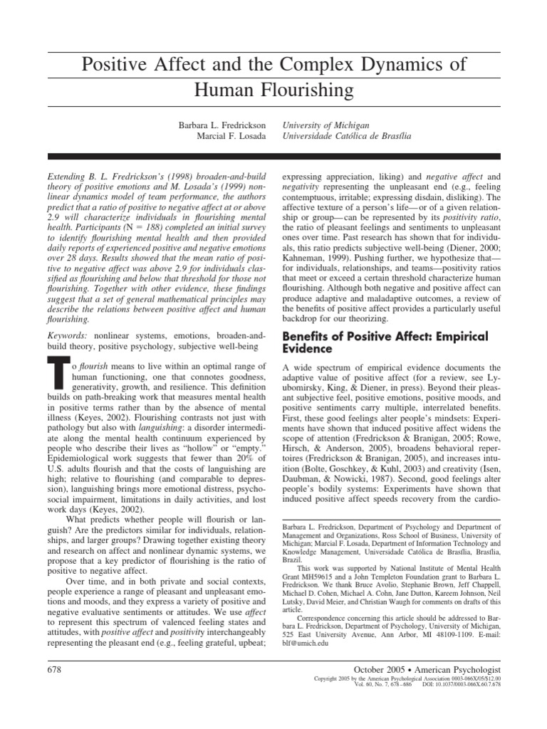 Positive Affect and The Complex Dynamics of - Fredrickson & Losada 2005 ...