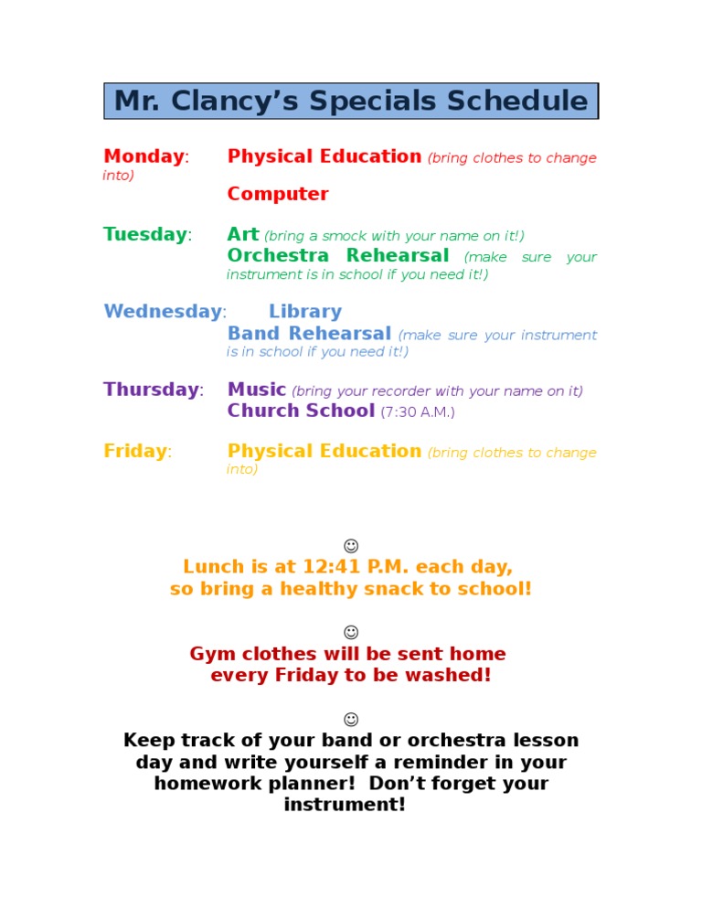Mr. Clancy's Weekly Specials Schedule | PDF | Art